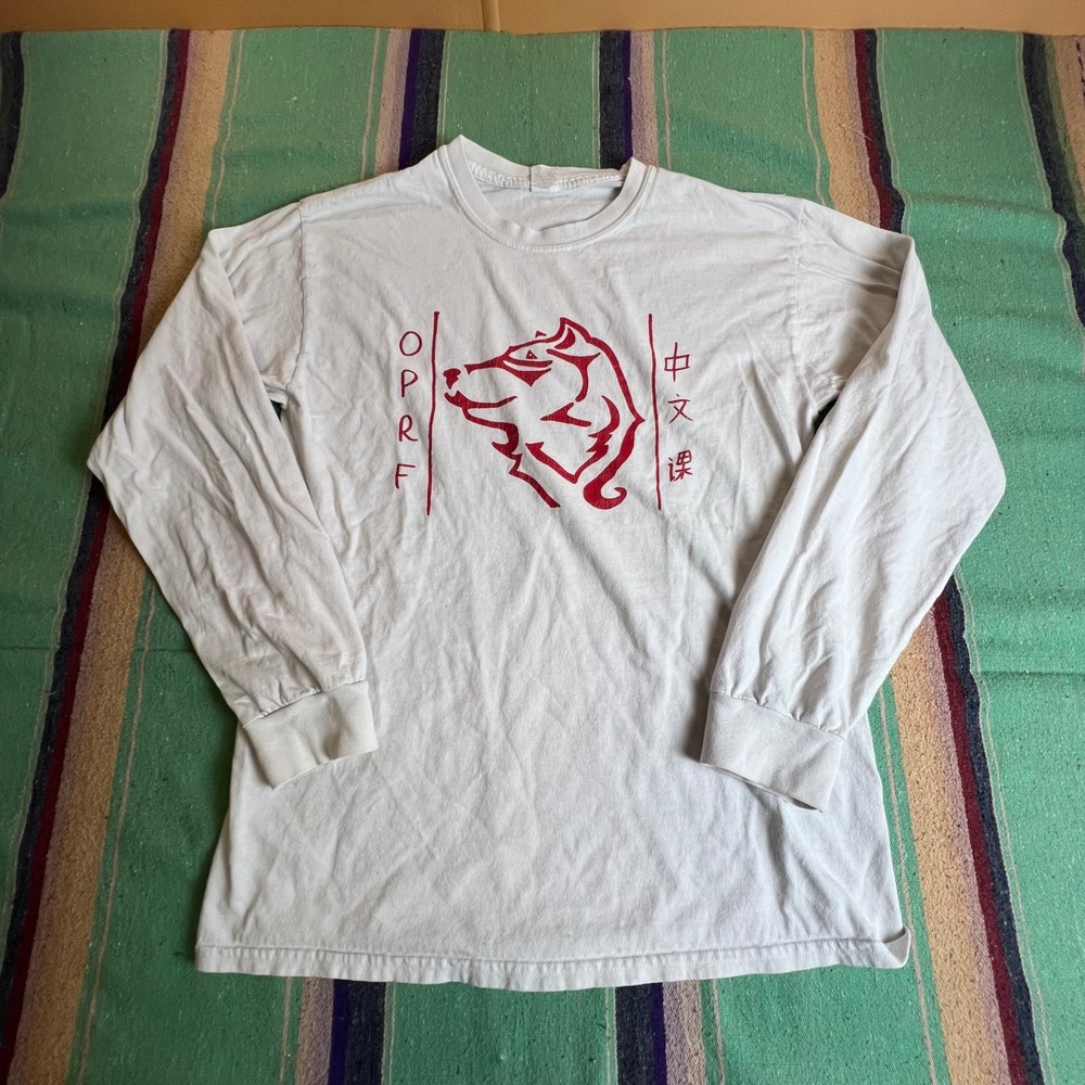 Gildan Long Sleeve Shirt Mens Medium White OPRF Chinese Wolf Graphic Tee